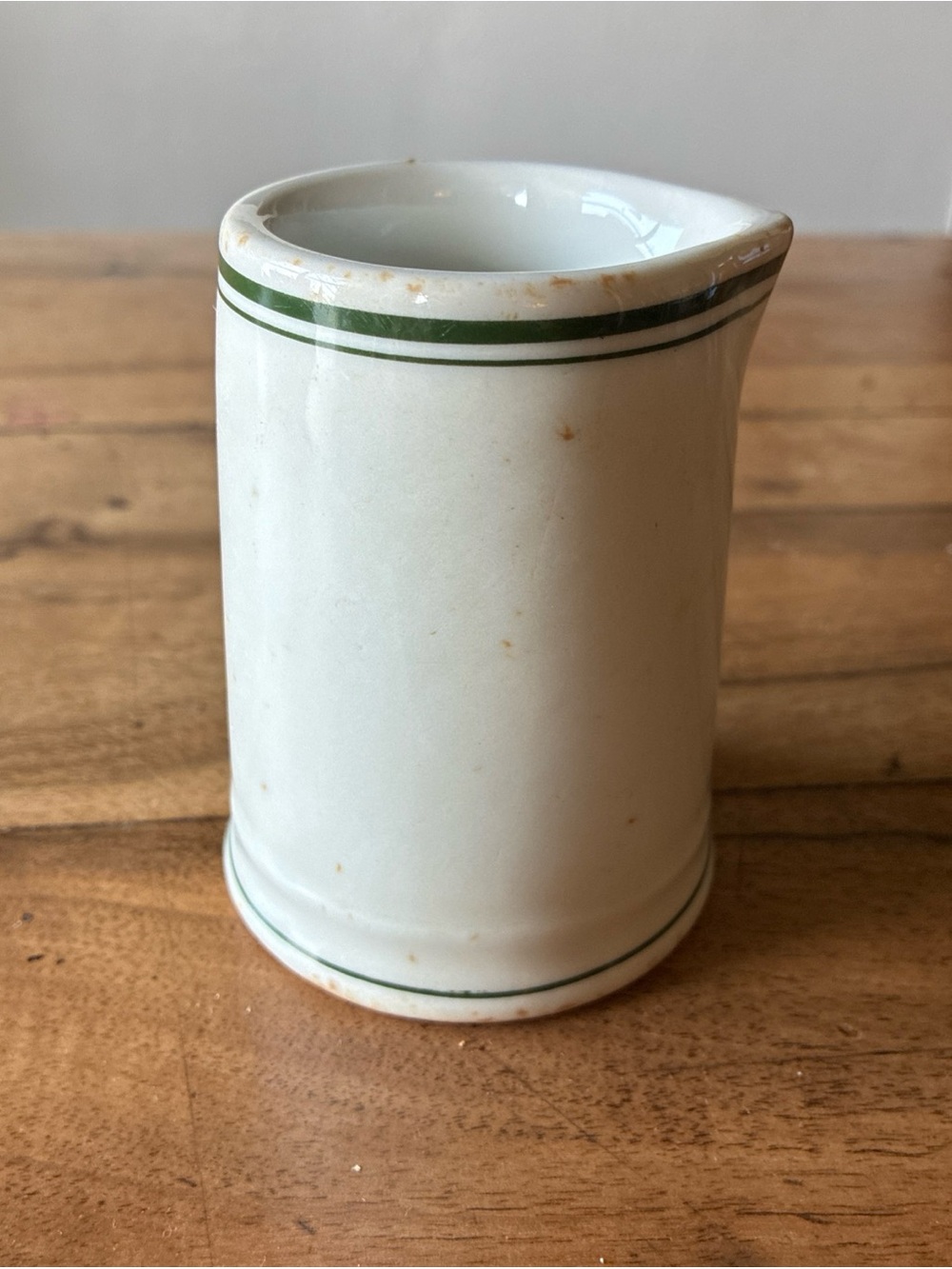 White Ceramic Creamer with Green Stripe Chunky No Handle